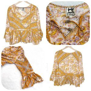 Jaase Marigold Boho Floral Tieneck Crystal tassel Blouse